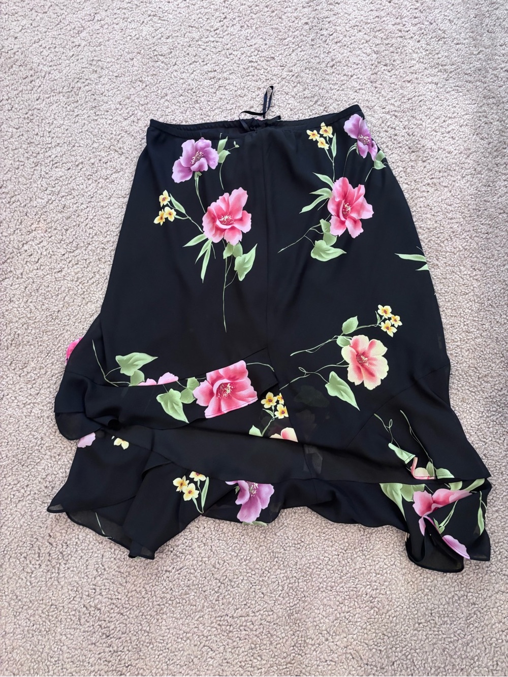 Black Floral Maxi Skirt with Pink & Purple Blooms